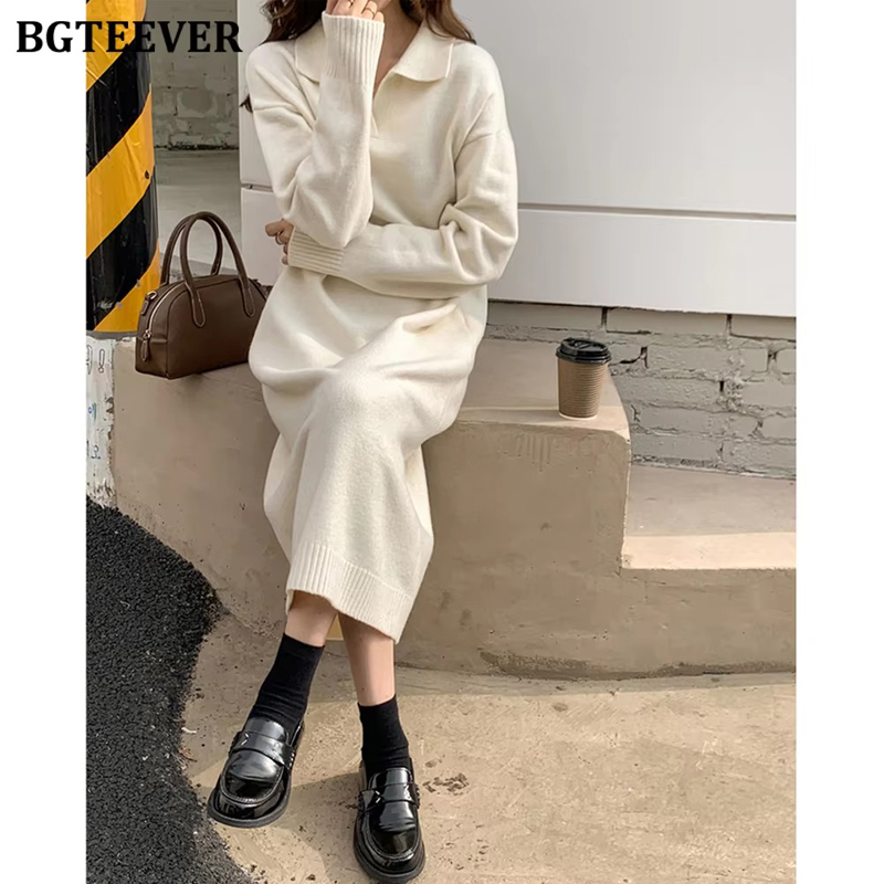Winter Clothing H&M - BGTEEVER สบายๆอบอุ่นหลวมเสื้อกันหนาวผู้หญิงฤดูใบไม้ร่วงฤดูหนาว Lapel แขนยาวยาวถักหญิงชุด Vestidos