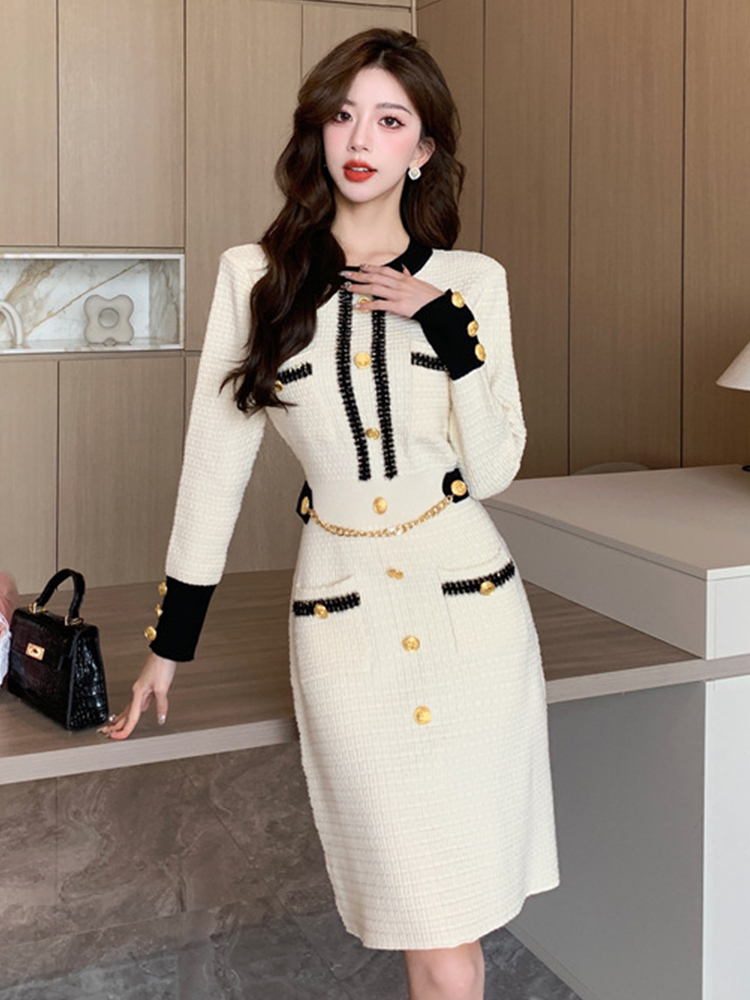 Winter Clothing H&M - ชุดเดรสสั้นถักแบบทางการสำหรับฤดูใบไม้ร่วงฤดูหนาวแฟชั่นผู้หญิงสเวตเตอร์คอกลมสไตล์วินเทจผ้าสเวตเตอร์ยืดได้สำหรับผู้หญิง
