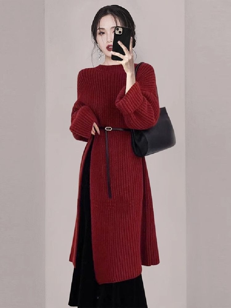 Winter Clothing H&M - เดรสไหมพรมสีแดงสำหรับผู้หญิง ดีไซน์หรูหรา แขนยาว ความยาวปานกลาง คลุมเข่า สไตล์ลำลอง