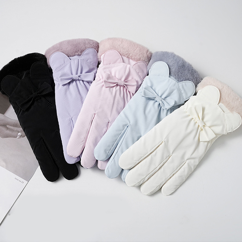 Waterproof Mitten Ski - ถุงมือฤดูหนาวสำหรับผู้หญิงบุผ้ากำมะหยี่หนาพิเศษ กันน้ำ กันลม น่ารัก แต่งโบว์ เหมาะสำหรับนักเรียน