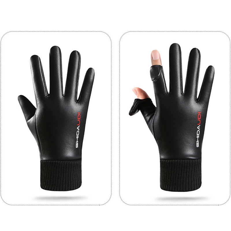 Waterproof Mitten Ski - ถุงมือขี่มอเตอร์ไซค์และปั่นจักรยานสำหรับผู้ชาย หนัง PU บุขนแกะ ให้ความอบอุ่น กันน้ำ