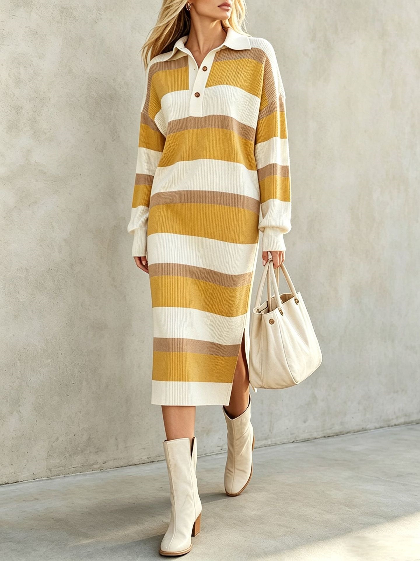 Winter Clothing H&M - ชุดเดรสผู้หญิงลายทางถักนิตติ้งแฟชั่นฤดูใบไม้ร่วง ทรงหลวมสบายๆ คอปกโปโล แขนยาว เสื้อสเวตเตอร์ ชุดเดรสผู้หญิง